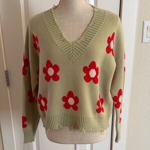 Chic Floral V-Neck Sweater - Red on Green